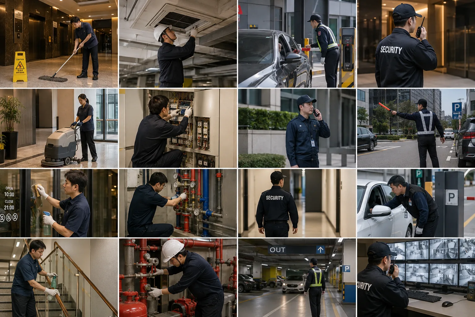 근린생활시설과 리테일 건물의 시설·미화·보안·주차 관리 현장을 모은 사진