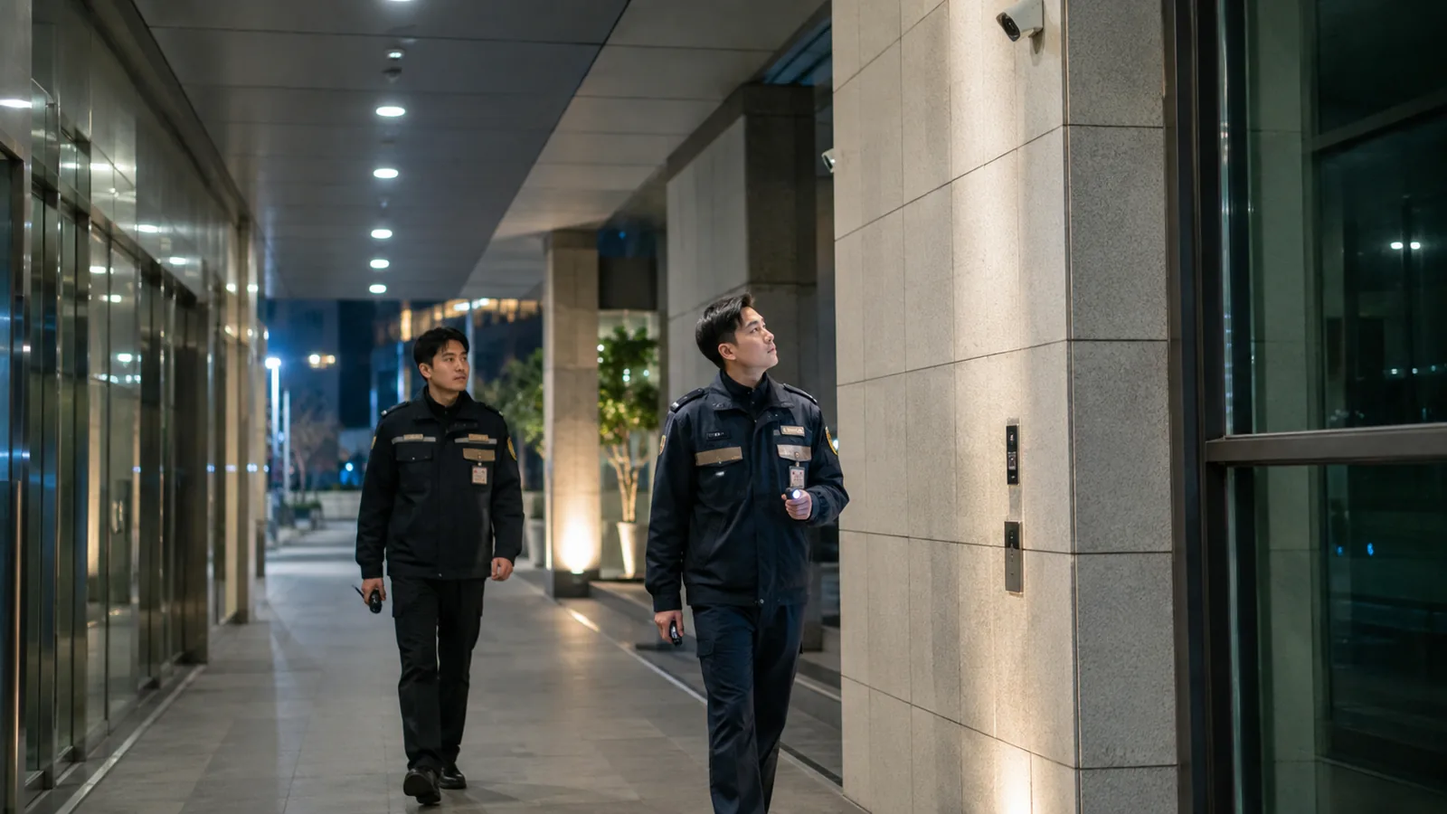 야간 복도를 순찰하는 보안 직원들